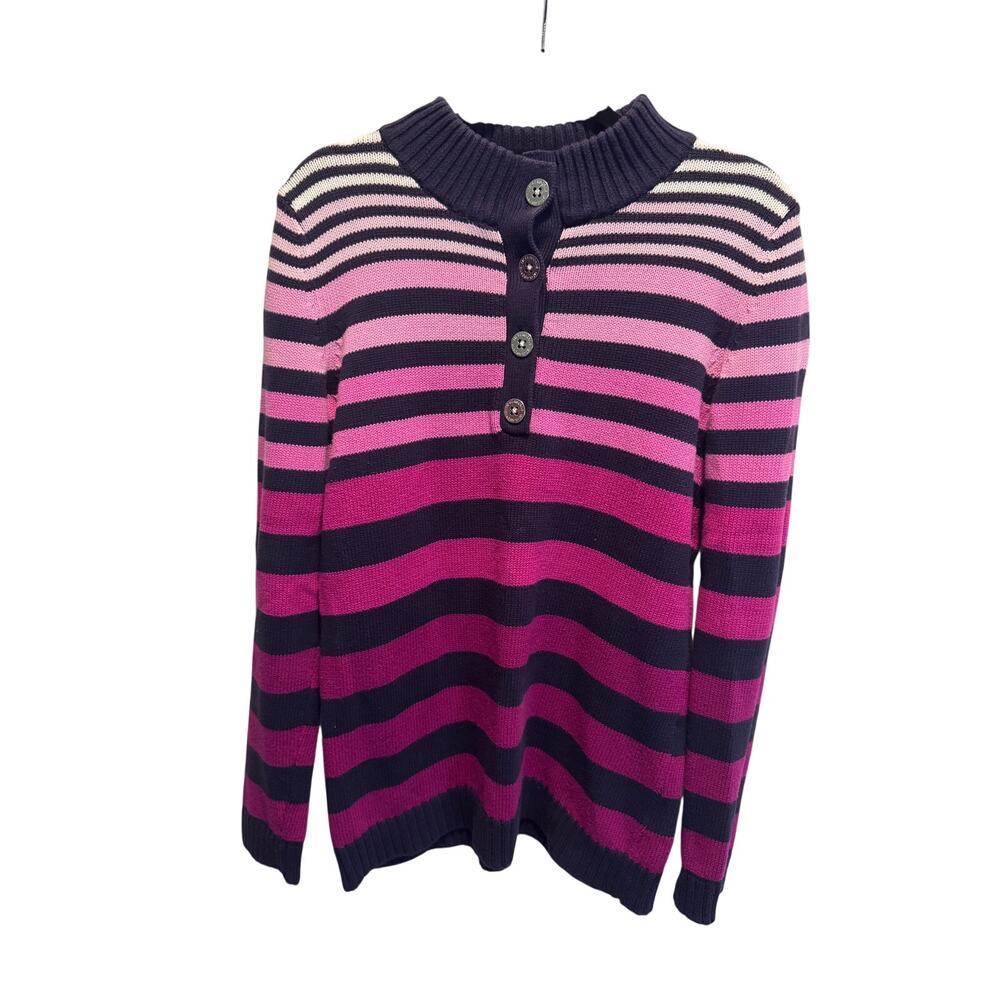 Vintage Liz Claiborne Striped Knit Henley Sweater Womens Small Pink Navy Cotton